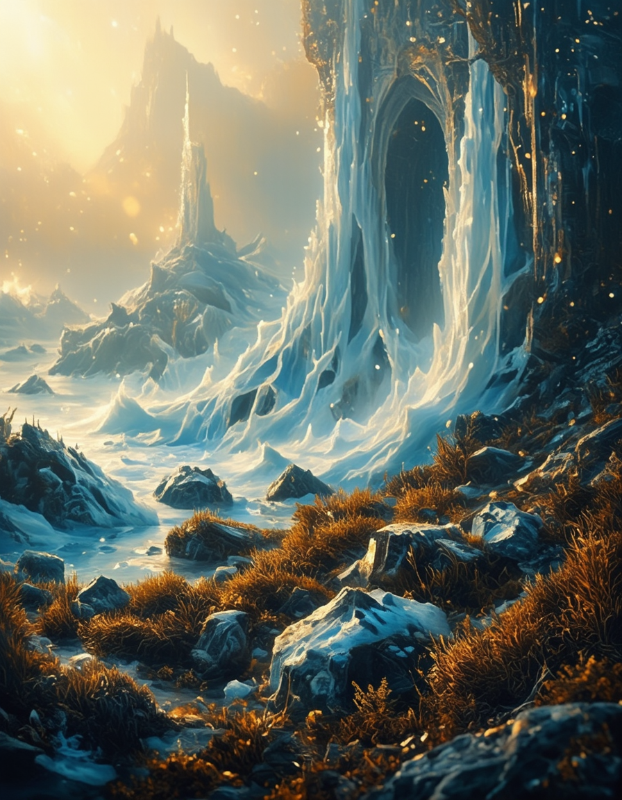 <lora:Medieval_Worlds_Scenery01bflux:1> mwl01, scenery, vegetation, brown, bokeh, sea, fantasy, frozen walls, natural skylight, gold,