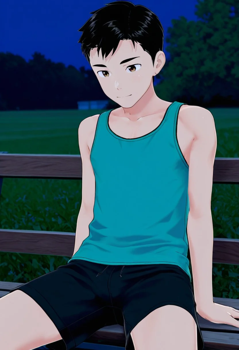 harmard, black hair, short hair, brown eyes, 1boy, solo, solo focus, turquoise color tank top, black shorts, young man, youthful, outdoor, at night day, small body, sit on bench