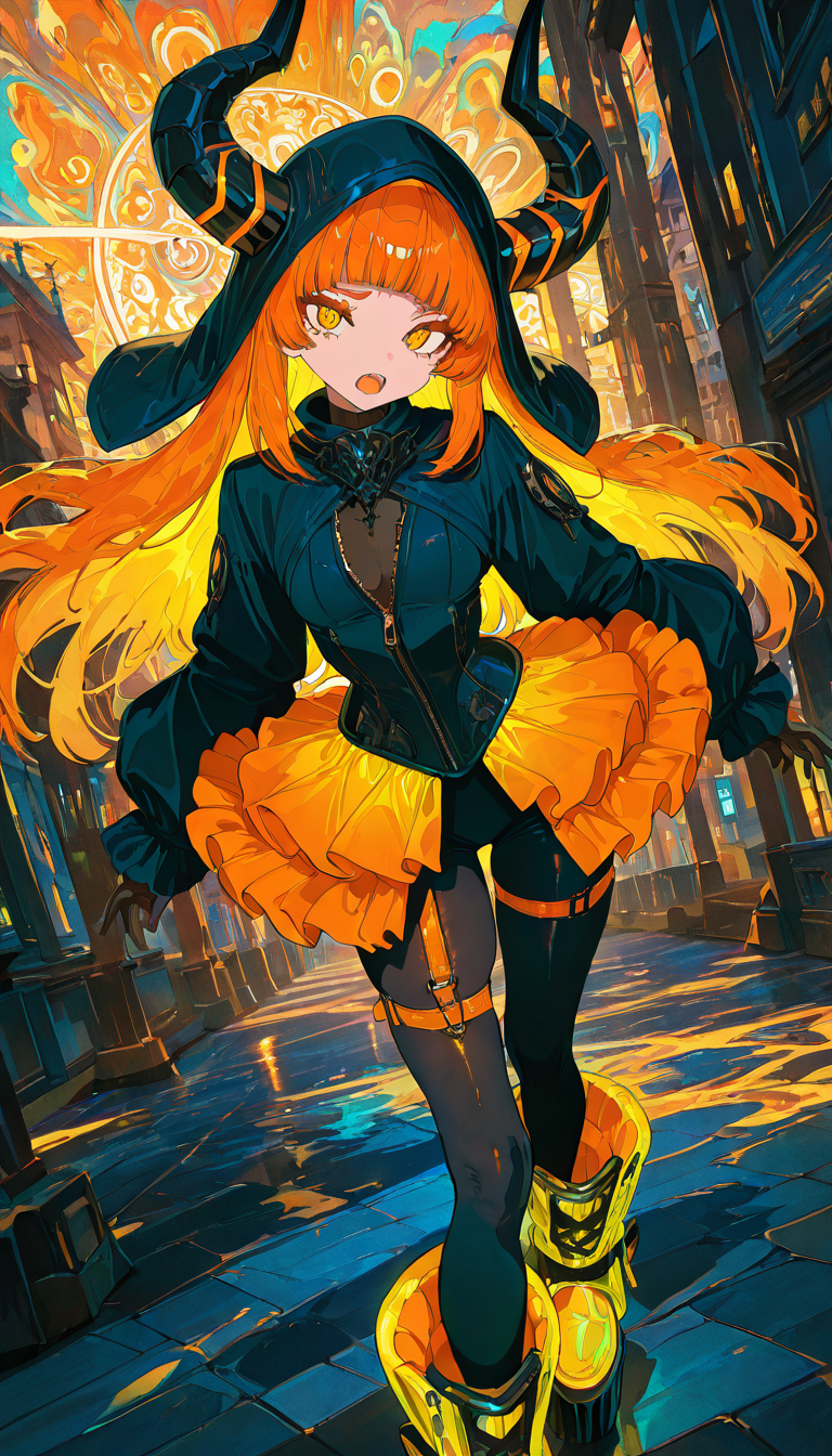 masterpiece, best quality, amazing quality, very aesthetic, absurdres,  newest, scenery,
, Confused, Wide-open eyes, a slightly furrowed brow, and a slightly open mouth., OrgNecro, 1girl, long orange hair, yellow gradient, blunt bangs, glowing yellow-orange eyes,  
black hood with demon horns, gothic fantasy outfit,  
tight black and orange bodysuit, shiny PVC, front zipper, open front short frilled skirt on sides, pelvic armor-like design, exposed front,  
tight glossy leggings, garter-like thigh straps, detailed seams,  
chunky platform boots, high-sole, glossy finish,
indoor, seductive, animated, dynamic angle, upper body, portrait, from above, fisheye lens, detailed face,colorful, close-up, masterpiece, best quality, amazing quality, very aesthetic, absurdres, newest, scenery, volumetric lighting