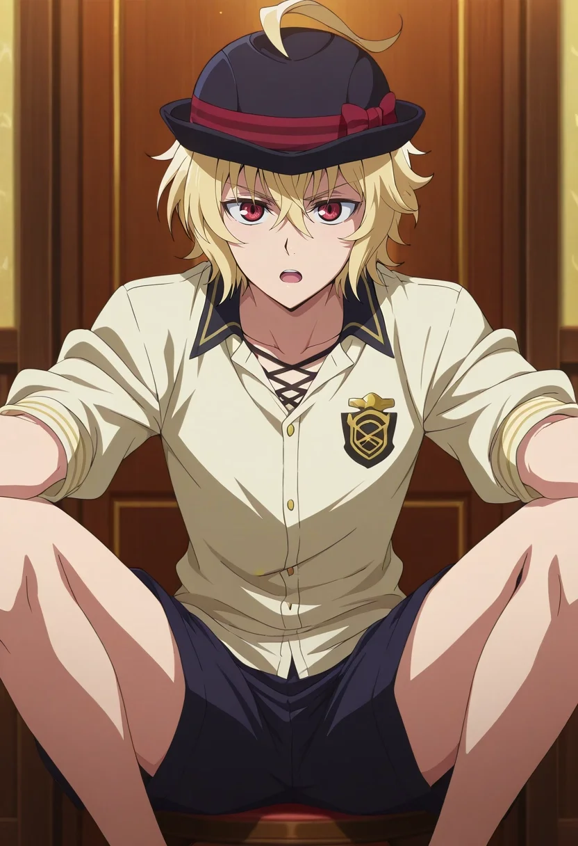 masterpiece, best quality, intricate details, anime screencap, anime coloring, official style, looking at viewer, 1boy, solo, male focus, <lora:mikaela_hyakuya_ilxl:0.94>, mikaela_hyakuya, blonde hair, red eyes, short hair, hair between eyes, bangs, ahoge, , rule of thirds, dining room, noon, (pose), open mouth, Pleated shorts, Nylon Herringbone Moss Green Chambray shirt, , Bowler hat, and