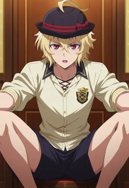 masterpiece, best quality, intricate details, anime screencap, anime coloring, official style, looking at viewer, 1boy, solo, male focus, <lora:mikaela_hyakuya_ilxl:0.94>, mikaela_hyakuya, blonde hair, red eyes, short hair, hair between eyes, bangs, ahoge, , rule of thirds, dining room, noon, (pose), open mouth, Pleated shorts, Nylon Herringbone Moss Green Chambray shirt, , Bowler hat, and