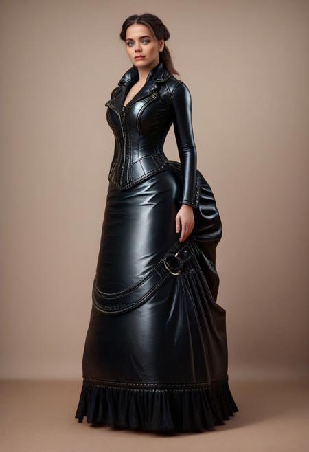 safe_pos, score_9, score_8_up, score_7_up, rating_safe, concept art, semi-realistic, 1girl, solo.
Young beautiful face, fit body, Blue eyes.
(Big breast:1.2), (Round breast:1.2).
BustleDress, Bustle Dress, Leather dress,
(Long Dress:1.2), (Long legs:1.2).
dvr-lthr-pdxl, (Leather:1.5)