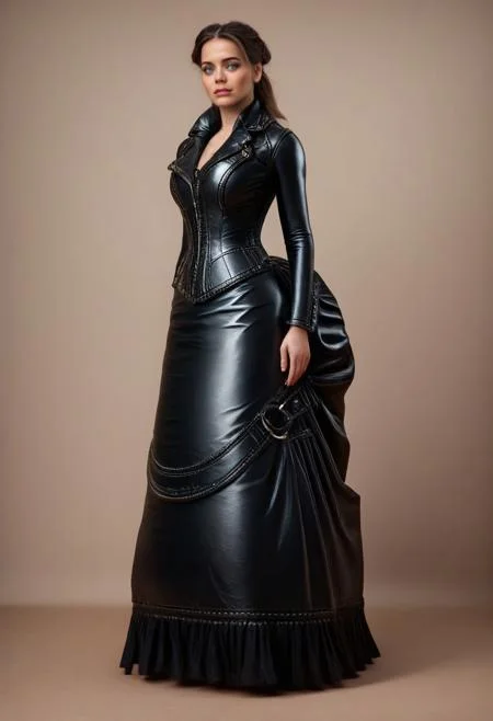 safe_pos, score_9, score_8_up, score_7_up, rating_safe, concept art, semi-realistic, 1girl, solo.
Young beautiful face, fit body, Blue eyes.
(Big breast:1.2), (Round breast:1.2).
BustleDress, Bustle Dress, Leather dress,
(Long Dress:1.2), (Long legs:1.2).
dvr-lthr-pdxl, (Leather:1.5)
