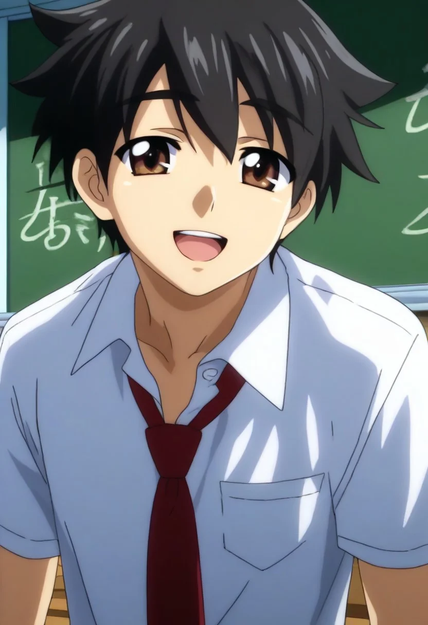 ((masterpiece)), ((best quality)), ((ultra-detailed)), ((absurdres)), score_9_up, score_8_up, score_7_up,
HD, top quality, best quality, amazing quality, High-quality illustrations, anime screencap, source_anime, best aesthetic, perfect proportions, perfect eyes, 1boy, 1male, solo boy, solo male, male focus, solo male focus, Anime, boy, male anime character, anime boy, handsome, cute, charming, Tomoki Sakurai, black hair, ahoge, brown eyes, ((short body, short height)), ((small body, cute body, short body)), white collared shirt, ((untucked shirt, loosened shirt)), short sleeves, red necktie, gray-blue pants, ((head to hips shot)), ((school, classroom, windows)), ((looking at viewer, front view, facing front)), ((happy, open mouth)), easynegative, updn, Expressiveh, masterpiece, best quality, very aesthetic, absurdres