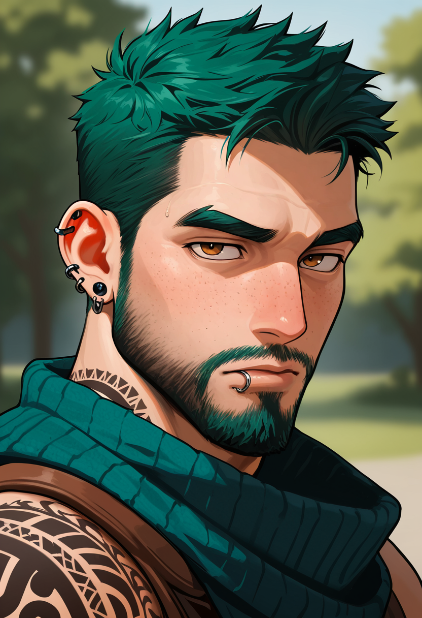 masterpiece, best quality, high quality, amazing quality, very aesthetic, high resolution, absurdres
solo, looking_at_viewer, short_hair, 1boy, brown_eyes, jewelry, closed_mouth, upper_body, male_focus, earrings, green_hair, scarf, blurry, lips, tattoo, blurry_background, facial_hair, piercing, thick_eyebrows, ear_piercing, portrait, beard, nose