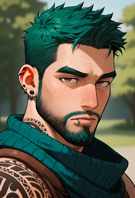 masterpiece, best quality, high quality, amazing quality, very aesthetic, high resolution, absurdres
solo, looking_at_viewer, short_hair, 1boy, brown_eyes, jewelry, closed_mouth, upper_body, male_focus, earrings, green_hair, scarf, blurry, lips, tattoo, blurry_background, facial_hair, piercing, thick_eyebrows, ear_piercing, portrait, beard, nose