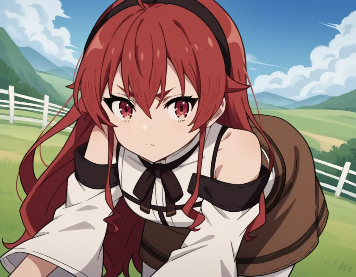 score_9, score_8_up, score_7_up, source_anime,
erisgreyrat, <lora:eris-boreas-greyrat-s1-ponyxl-lora-nochekaiser:1>,
eris greyrat, ahoge, hair between eyes, long hair, red eyes, red hair, sidelocks,
black hairband, black ribbon, brown skirt, hairband, long sleeves, neck ribbon, pantyhose, ribbon, shirt, shoulder cutout, skirt, white pantyhose, white shirt, wide sleeves,
outdoors, landscape, farm, bent over,
looking at viewer, dutch angle, cowboy shot,