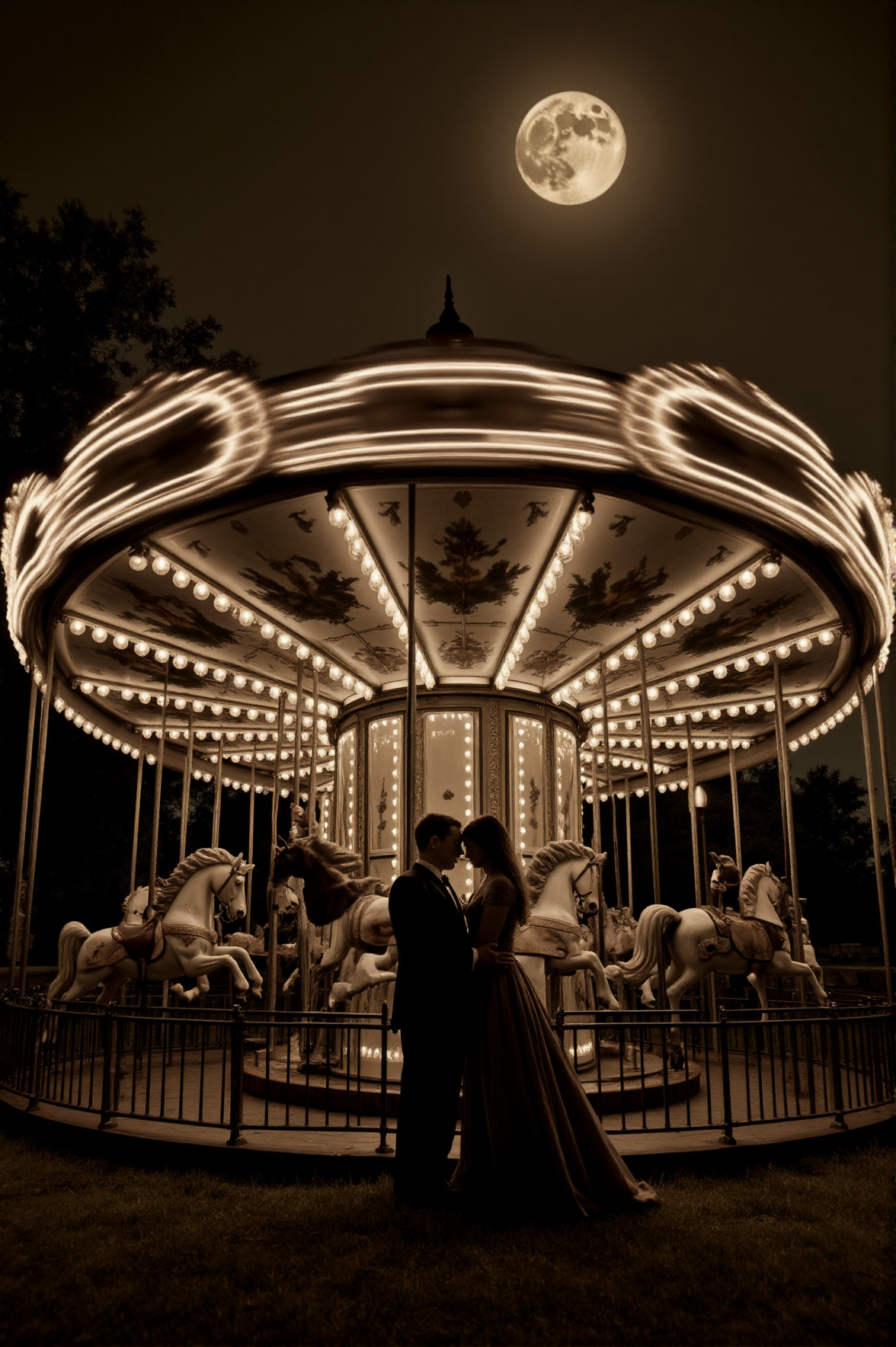 A once-grand carousel spins slowly in the moonlight, its faded horses frozen mid-gallop. Two lovers, barely visible in the dim glow of the lanterns, lean close, whispering secrets only they will ever know. The sepia vignette swirls around them, trapping their love in a moment between past and present.
 <lora:sepia-vignette-flux:1>