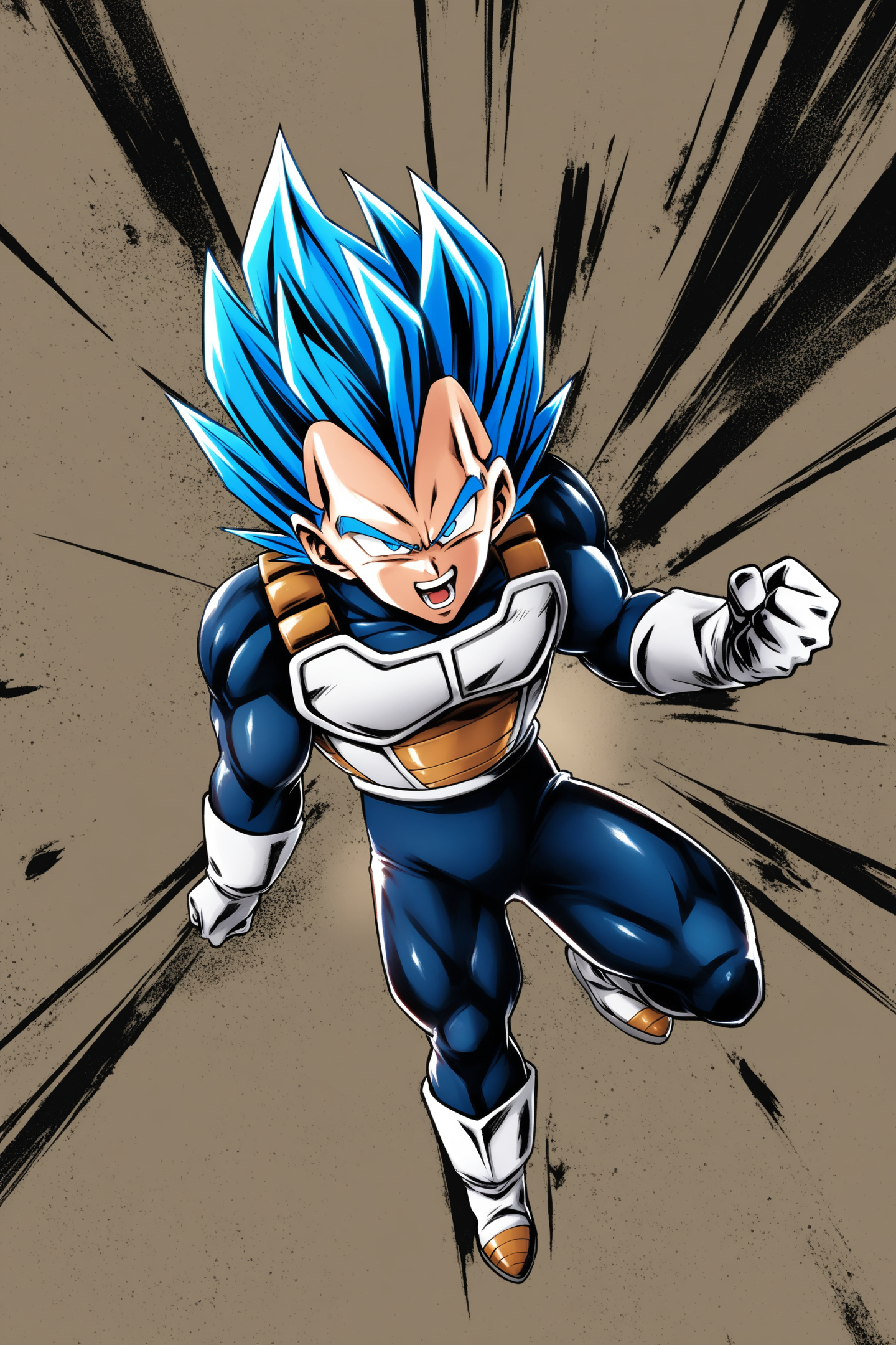 1boy, male focus, solo, vegeta, blue hair, gloves, white gloves, full body, saiyan armor, super saiyan, armor, boots, spiked hair, open mouth, clenched hands, blue eyes, smile, white footwear,<lora:Dragon Ball_XL:0.8>,
