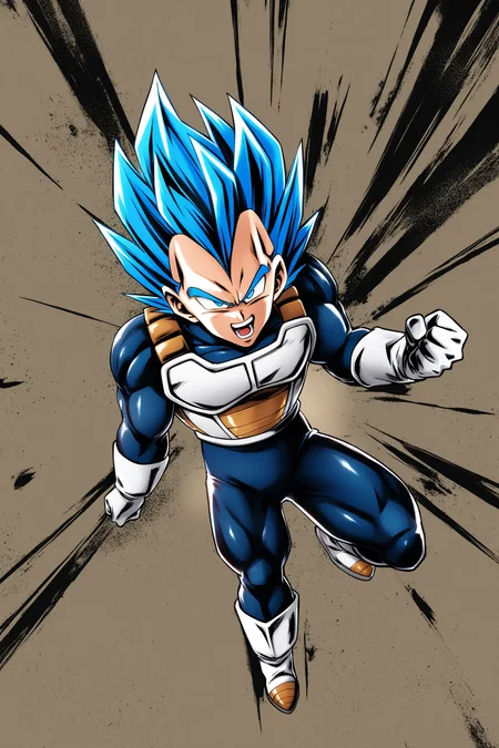 1boy, male focus, solo, vegeta, blue hair, gloves, white gloves, full body, saiyan armor, super saiyan, armor, boots, spiked hair, open mouth, clenched hands, blue eyes, smile, white footwear,<lora:Dragon Ball_XL:0.8>,