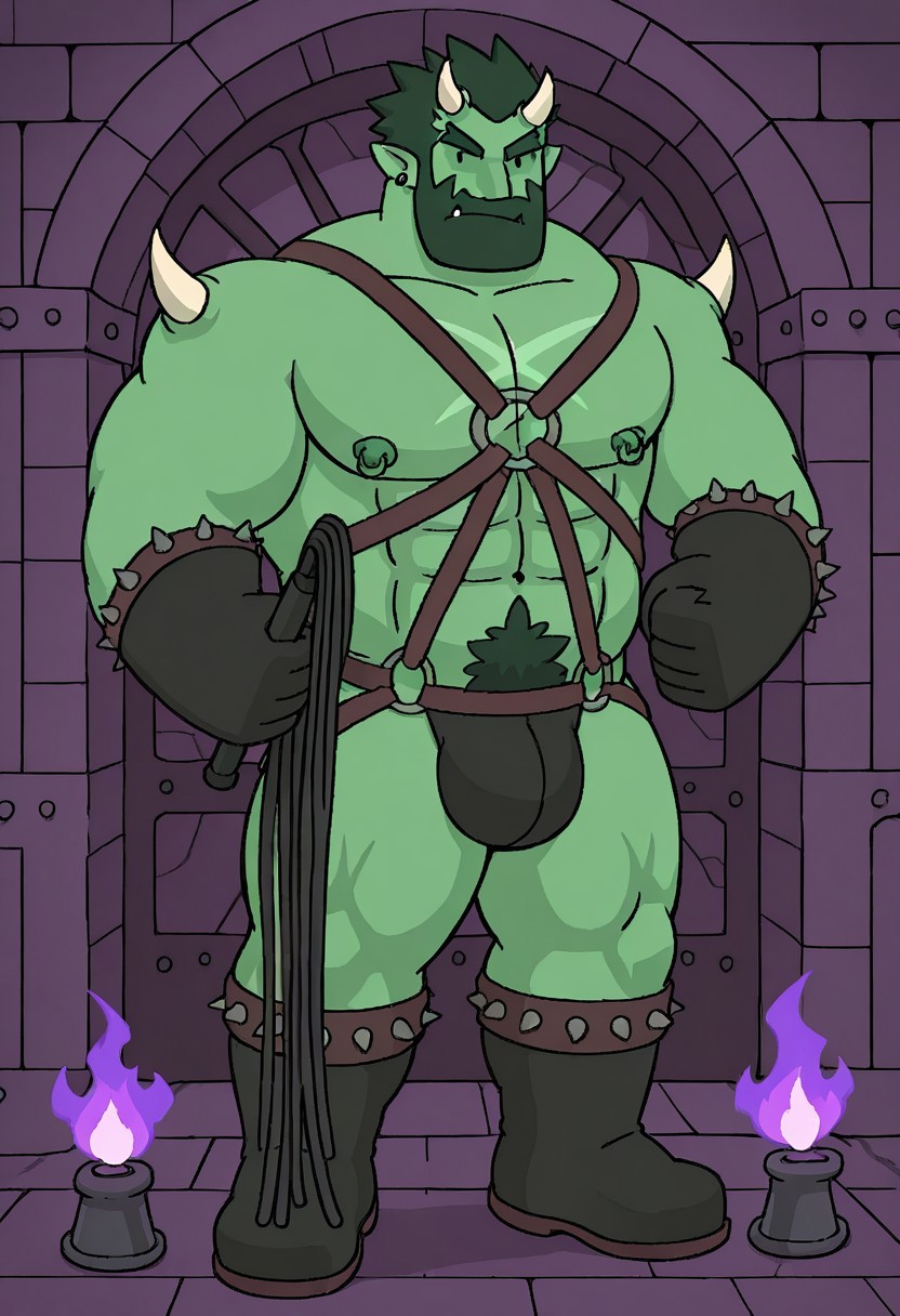 detailed background, detailed background, masterpiece, perfect quality, best quality, detailed, newest, very aesthetic, AstarothRMA, facial hair, bara, solo, hair, 1boy, black dot eyes, pectorals, abs, muscular, horns, green skin, pointy ears, tusks, beard, nipple piercings, male focus, dungeon background, purple flames, torches, harness, gloves, boots, leather jockstrap, holding whip, looking at viewer, furrowed eyebrows