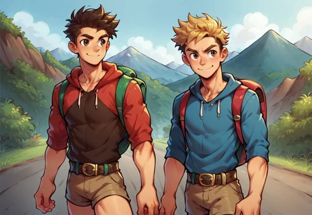 8k, score_9, score_8_up, score_7_up, masterpiece, cowboy shot, male focus, handsome face focus, 2boys, couple focus, muscular twinks, broad shoulders, slim waist, lean, young, handsome, cute face,
(Kyl, brown hair, brown eyes, hoodie, brown shorts, backpack, belt)
(Mike, spiky blonde hair, grey eyes, jacket, shirt, jeans shorts, belt),
hiking, walking on road, smiling, having fun,
mountain, outdoors, mountains in background, dynamic pose,