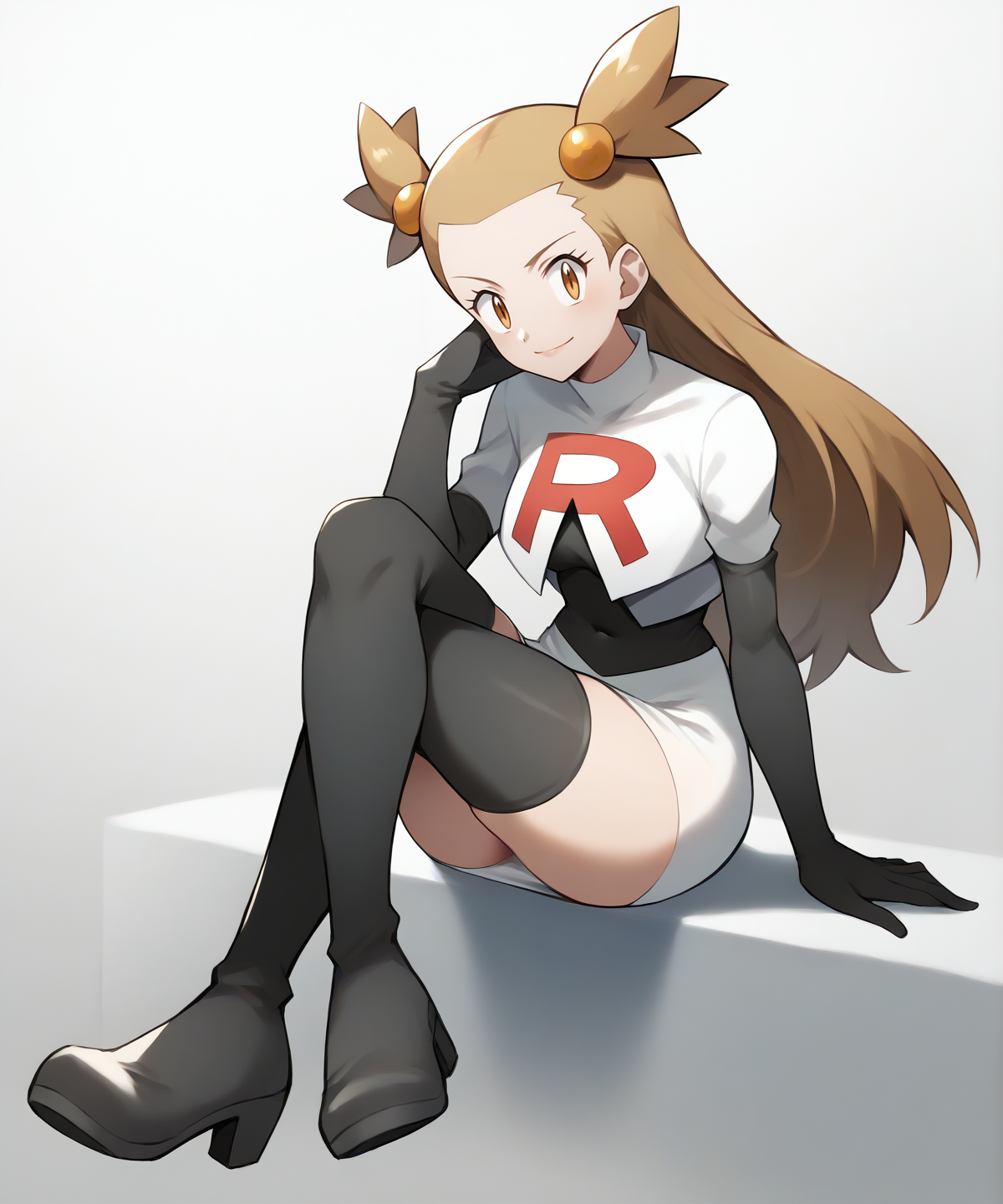 score_9, score_8_up, 1girl,
good quality, masterpiece, mature female, ultradetail, anime, source_anime, aesthetic, (solo)
 <lora:JasminePokemon-05:0.9>PokeJasmine,  long hair,  <lora:Cosplay_TeamRocket_P1:1> Cosplay_TeamRocket, team rocket uniform, white jacket, cropped jacket, white skirt, elbow gloves, black thighhighs, zettai ryouiki, heel boots, fullbody, sitting, crossing legs, evil smile,