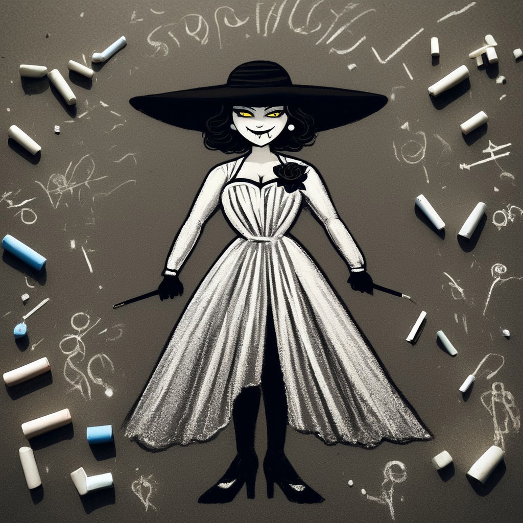 ch4lkdr4wing, chalk, dimitrescu, yellow eyes, blackhat, long white dress, cleavage, long Cigarette holder, long sleeves, black rose, black gloves, beads, jewelry black headwear, thick thighs, bow, black rose, beads, standing, sexy pose. smile fangs. black stockings, garters, garter belts, heels,