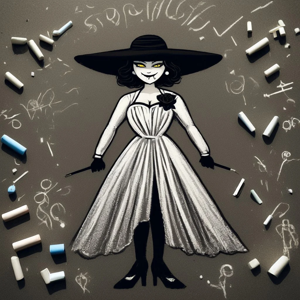 ch4lkdr4wing, chalk, dimitrescu, yellow eyes, blackhat, long white dress, cleavage, long Cigarette holder, long sleeves, black rose, black gloves, beads, jewelry black headwear, thick thighs, bow, black rose, beads, standing, sexy pose. smile fangs. black stockings, garters, garter belts, heels,