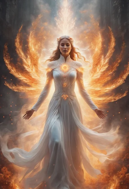 Fantasy, mesmerizing design, ascending spirit woman, arms of spirit being spread out, white transparent body in mist, transparent radiant light on her body, fire flame at the end of each arm, beautiful fire flowers around the perimeter, transition to another world in the back, 8k