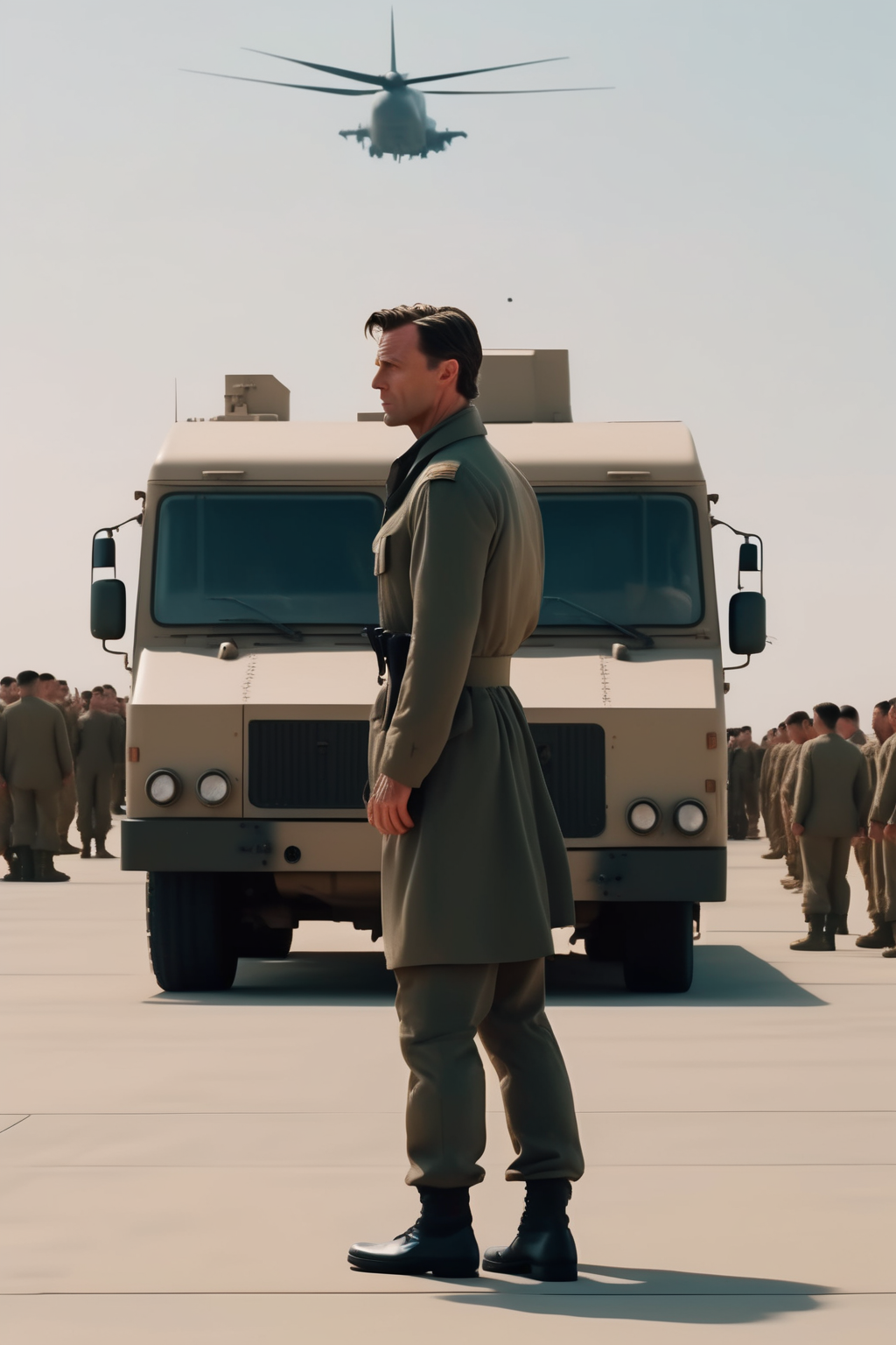 <lora:Director Christopher Nolan style:1>Director Christopher Nolan style - european looking black haired man special ops frontal wearing combat, full body from head to feet profile shot,on US military base, with military vans, scattered soldier helicopters and a control tower in the Sahara desert, hour 9am of the daythe highest resolution available Ultra High Definition 8K 7.680  4.320 pxeles recorded with camera EPIC-M 8k Mysterium-X with great joy  (50 mm, T1.5 FF,  E) hyper realistic cinematic