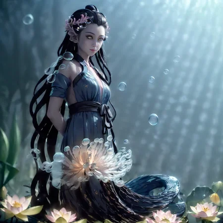 (illustration:1.8),(best quality),(masterpiece:1.5),masterpiece,extremely detailed CG unity 8k wallpaper),depth of field,dramatic angle,(Silver detailed cyan_ribbon and white flowers in the girl's long black_hair:1.25),((gold_black Taoist robes:1.35)),(braid), (detailed beautiful face:1.3),detailed symmetrical_Blue_eyes,(Ancient palace background far away:1.55),A slight light, (pink flower:1.2),chiaroscuro, ((lotus) in beautiful detailed flowing_clouds_sea:1.3), Rayleigh scattering,(feather headdress:1.15),grass background,nature,((very wide shot)),(((Underwater))),Deep focus,Watermaker(bubbles:1.5),turtles,corals,Floating clothes,bottle with stopperwater in bottle,bere, a mermaid statue with a fish tail and a fish tail<lora:bere-10:0.7>