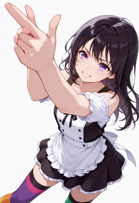 Smooth Quality,masterpiece,very intricate, high quality details, ultra realistic, high detailed skin,detailed enviorement,absurdres,
finger gun,:d,
<lora:Yozora_Mikazuki_CNR:0.8> yozora_cnr, 1girl, black hair, long hair, purple eyes,, simple background, white background, dynamic angle,solo,, clenched teeth,tears,, off-shoulder shirt,waistcoat ,apron skirt, ,multicolored legwear thighhighs,