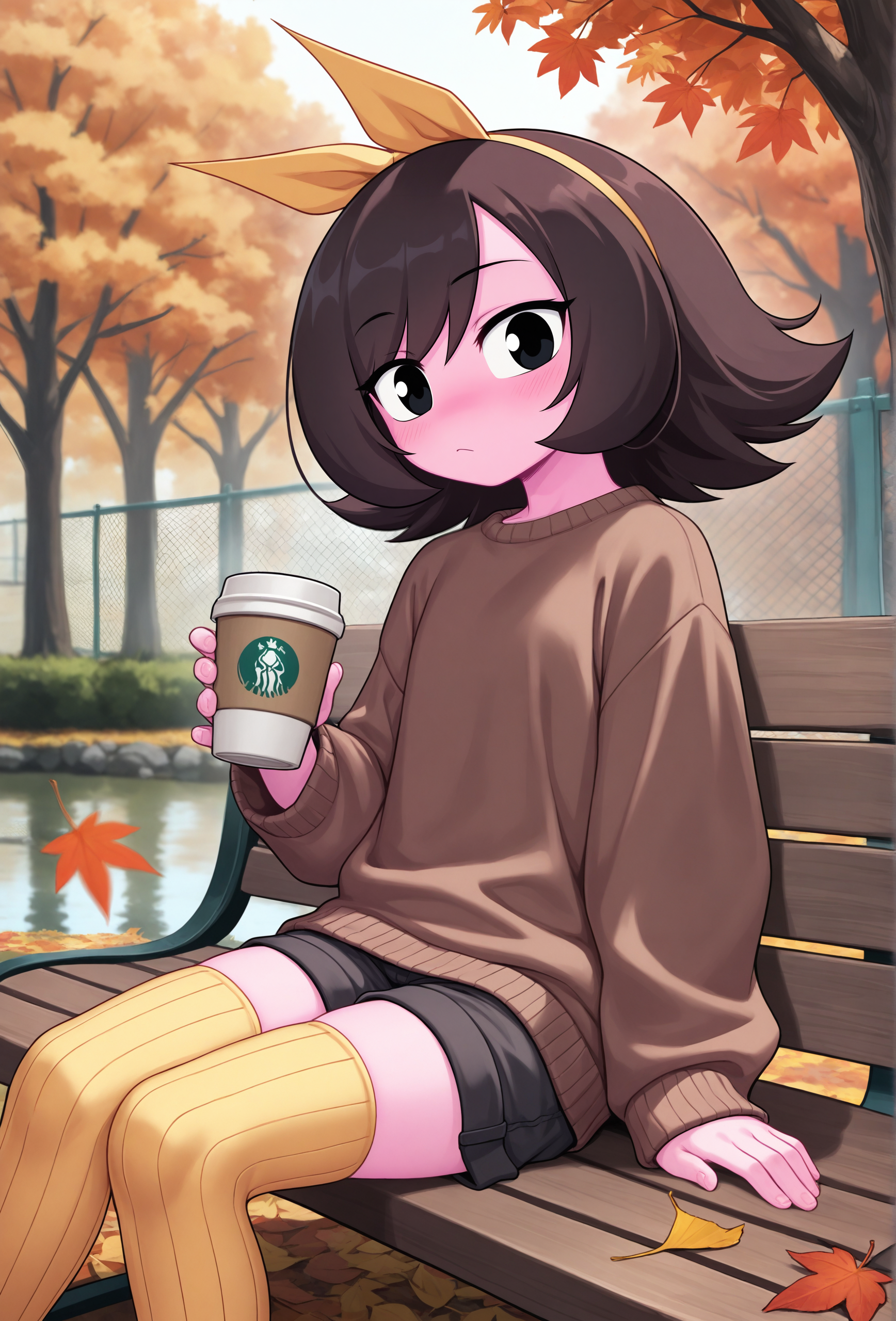 masterpiece,best quality,amazing quality, <lora:marigold_cabronpr_noob_v1.1f:1> marigold, 1girl, solo, hairbow, no nose, black eyes, BREAK
brown sweater, shorts, thighhighs, ribbed thighhighs, sitting, autumn, autumn leaves, tree, bench, park, chain-link fence, disposable cup, detailed background, depth of field, pond