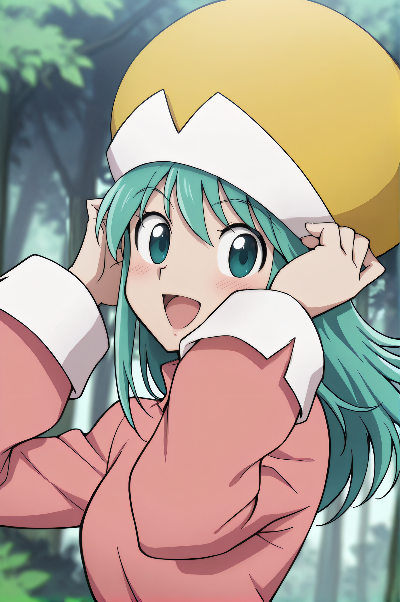 masterpiece, best quality, highres, newest, 1girl, solo, official style, <lora:IL_Ponzu:1>, ponzu, aqua hair, yellow headwear, shirt, turtleneck, smile, outdoor, looking at viewer, upper body, smile, nature, hands on hat, open mouth, blush