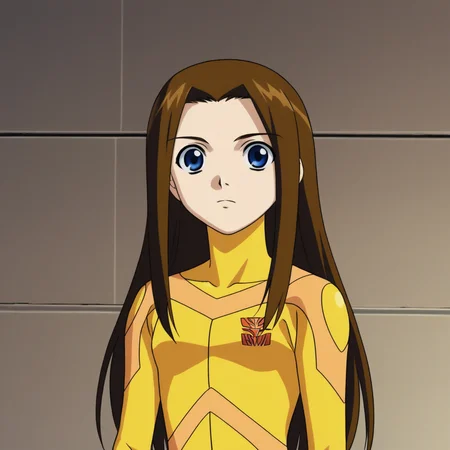 score_7_up, BREAK, source_anime, Misha Miramond, 1girl, solo, long hair, brown hair, blue eyes, yellow bodysuit, <lora:Misha_Miramond_XL_Leaf1:1>, cowboy shot,