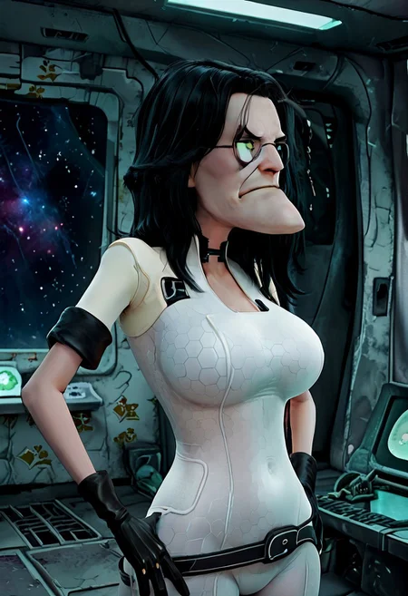 Masterpiece, best quality, absurdres, high detail, 1boy, solo, cartoon, Eustace, Bagge, (sharp chin, pointy chin:1.2), glasses, grumpy expression, detailed face,(long black hair:1.3), white bodysuit, black gloves, belt, choker, big breasts, futuristic spaceship background, detailed background,