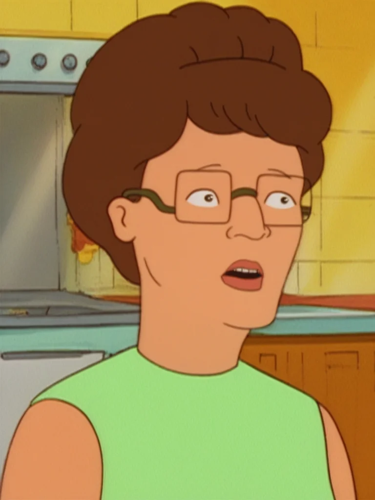 score_9, score_8_up, score_7_up, 1girl, p_hill, glasses, close-up, brown hair, green shirt, sleeveless shirt, kitchen background, cartoon, retro artstyle, <lora:Peggy_Hill_LoRA_Pony:1>