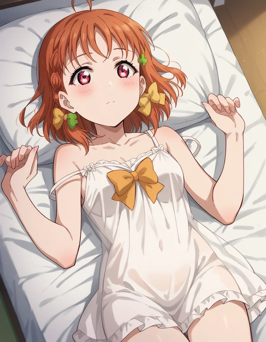 score_9, score_8_up, score_7_up, source_anime, <lora:chika-takami-s2-ponyxl-lora-nochekaiser:1>, chika takami, short hair, hair ornament, red eyes, bow, braid, ahoge, hair bow, orange hair, side braid, yellow bow, clover hair ornament,, <lora:chemise-ponyxl-lora-nochekaiser:1>, chemise, strap slip, see-through, bare shoulders, collarbone, thighs,, indoors, bed, bed room, on back, on bed, blush, , cowboy shot, dutch angle