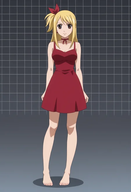 score_9, score_8_up, score_7_up, anime screencap, BREAK, 1girl, solo, <lora:DX888Lucy:1> lucy heartfilia, brown eyes, one side up,dress, choker, red ribbon, BREAK dark gray background, simple background, grid background, Standing with arms stretched out to sides, feet hip-width apart
