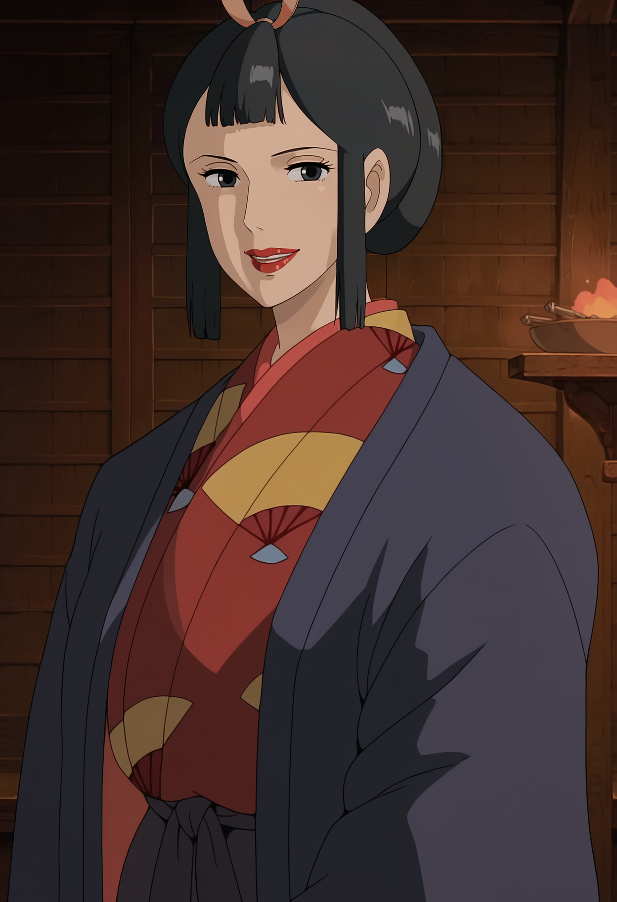 <lora:Eboshi_Gozen-Mononoke_Hime:0.9>,Eboshi,mature female,1girl,solo,black hair,black eyes,lipstick,japanese clothes,kimono,upper body,indoors,smile