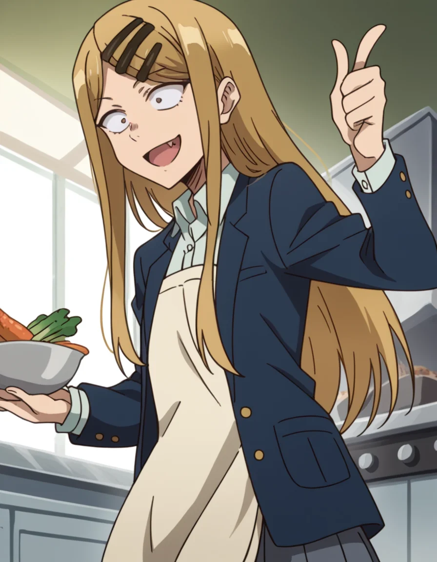 score_9, score_8_up, score_7_up, source_anime, <lora:saya-endou-s2-ponyxl-lora-nochekaiser:1>, saya endou, long hair, blonde hair, hair ornament, brown eyes, hairclip, fang, wide-eyed, constricted pupils, sanpaku,, skirt, shirt, hair ornament, school uniform, jacket, pleated skirt, socks, blazer,, kitchen, cooking, apron, cutting vegetables, home cooking, smile, , hand showing a thumbs down, solo,, cowboy shot, dutch angle