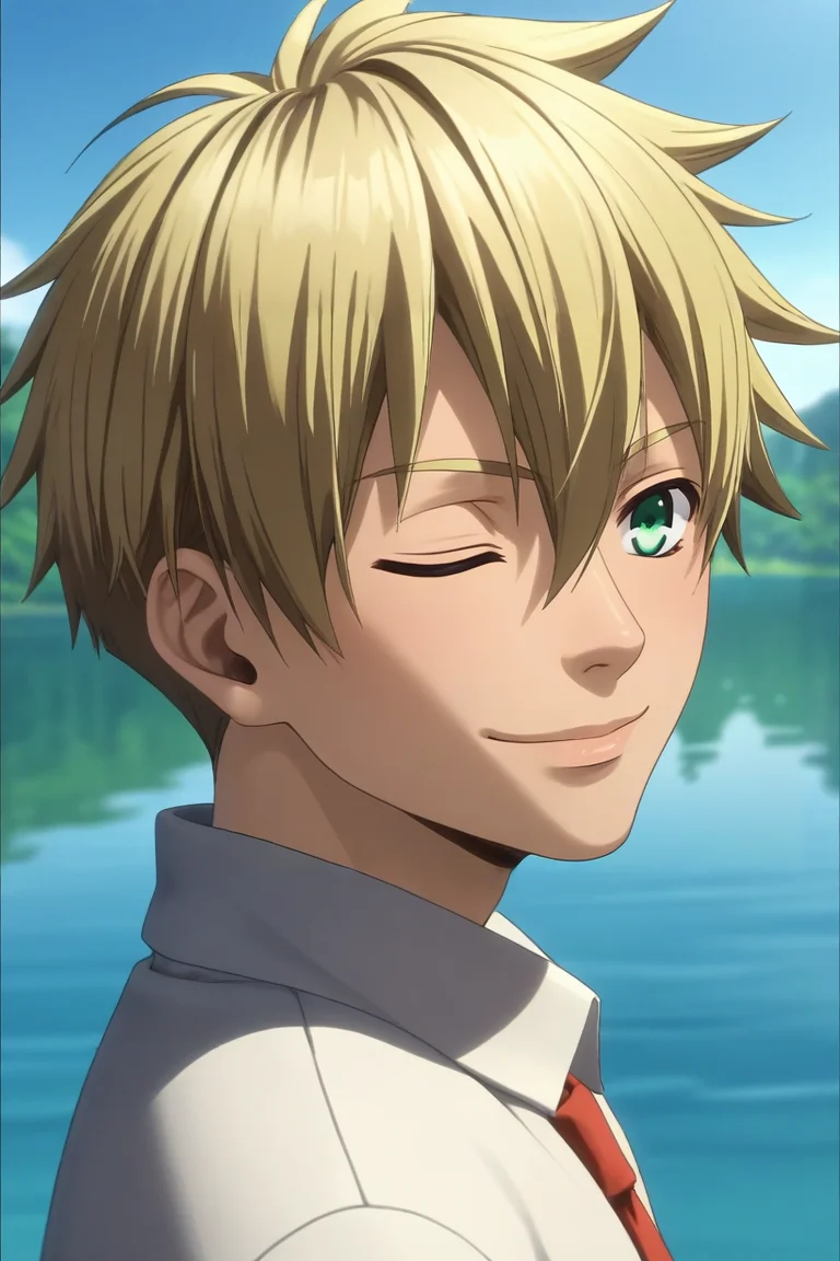 score_9, score_8_up, score_7_up, source_anime, rating_safe, , (3d:0.4), , depth of field, 1boy, solo, male focus, <lora:liberta_arcana_famiglia_pony:0.94>, liberta_arcana_famiglia, blonde hair, green eyes, short hair, hair between eyes, from side, lake, dawn, ass, (closed eyes:1.2), smile, , <lora:sdxl_lightning_8step_lora:1>