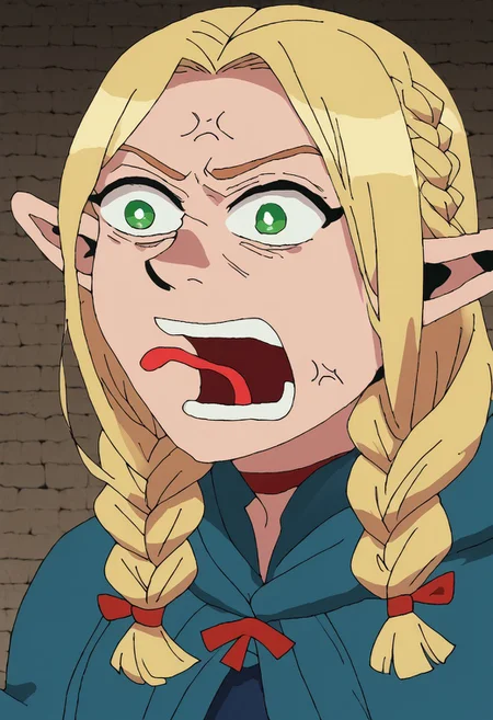score_9, score_8_up, score_7_up, portrait, 1 girl, solo focus, PepeREEEEEEEEEEEEE, Enragedpepe, solo, tongue, open mouth, anger vein, angry, marcille donato, long hair, blonde hair, green eyes, braid, pointy ears, twin braids, elf, bright pupils, parted bangs,