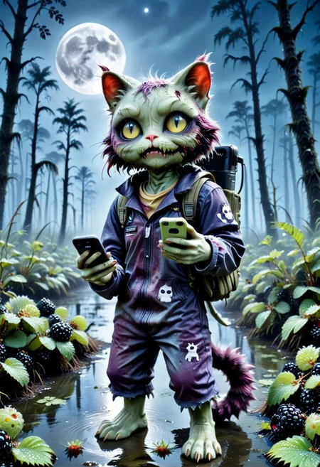 blackberryworld, (ral-zmbyz, blackberry anthro furry cat zombie wearing rags, realistic, holding cellphone with cat logo, swamp forest, rags, moonlight, full moon, dark night, dynamic angle, fog, (full body)), leaking juice blackberries