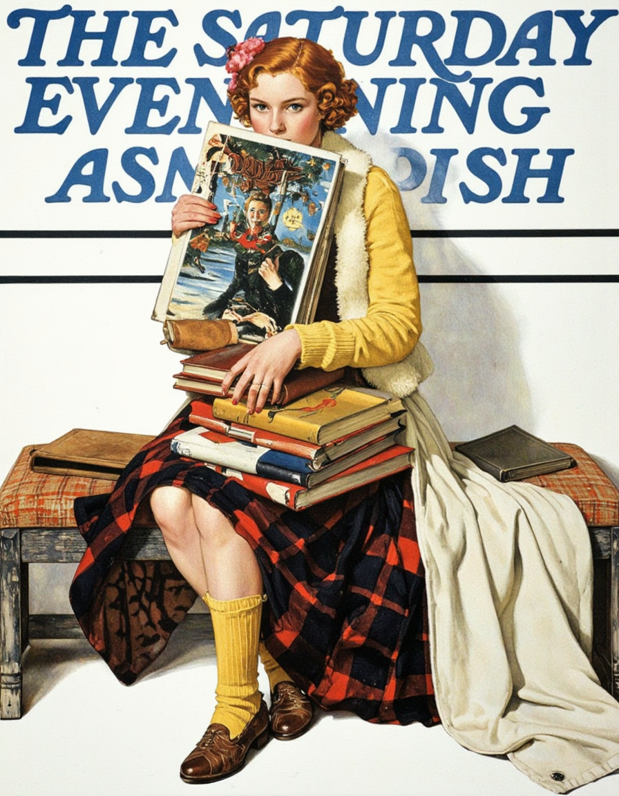 Art by Norman Rockwell. A vintage illustration of a woman sitting on a bench, wearing a yellow cardigan, a plaid skirt, and brown shoes, holding a stack of books in one hand and a magazine in the other. she is sitting in the middle of the image, with her upper body facing the viewer, looking directly at them with a neutral expression. her hair is styled in a short bob with a pink flower in her hair, and she is wearing a pair of earrings and a yellow sweater with a white fur trim. the background is a plain white wall with the words "The Saturday Evening Post" written in blue at the top. the woman is sitting with her legs crossed, wearing yellow socks, a black and red checkered skirt, a white coat draped over her shoulders, and black shoes. she has a serious expression on her face, and her hands are holding the magazine in front of her face.