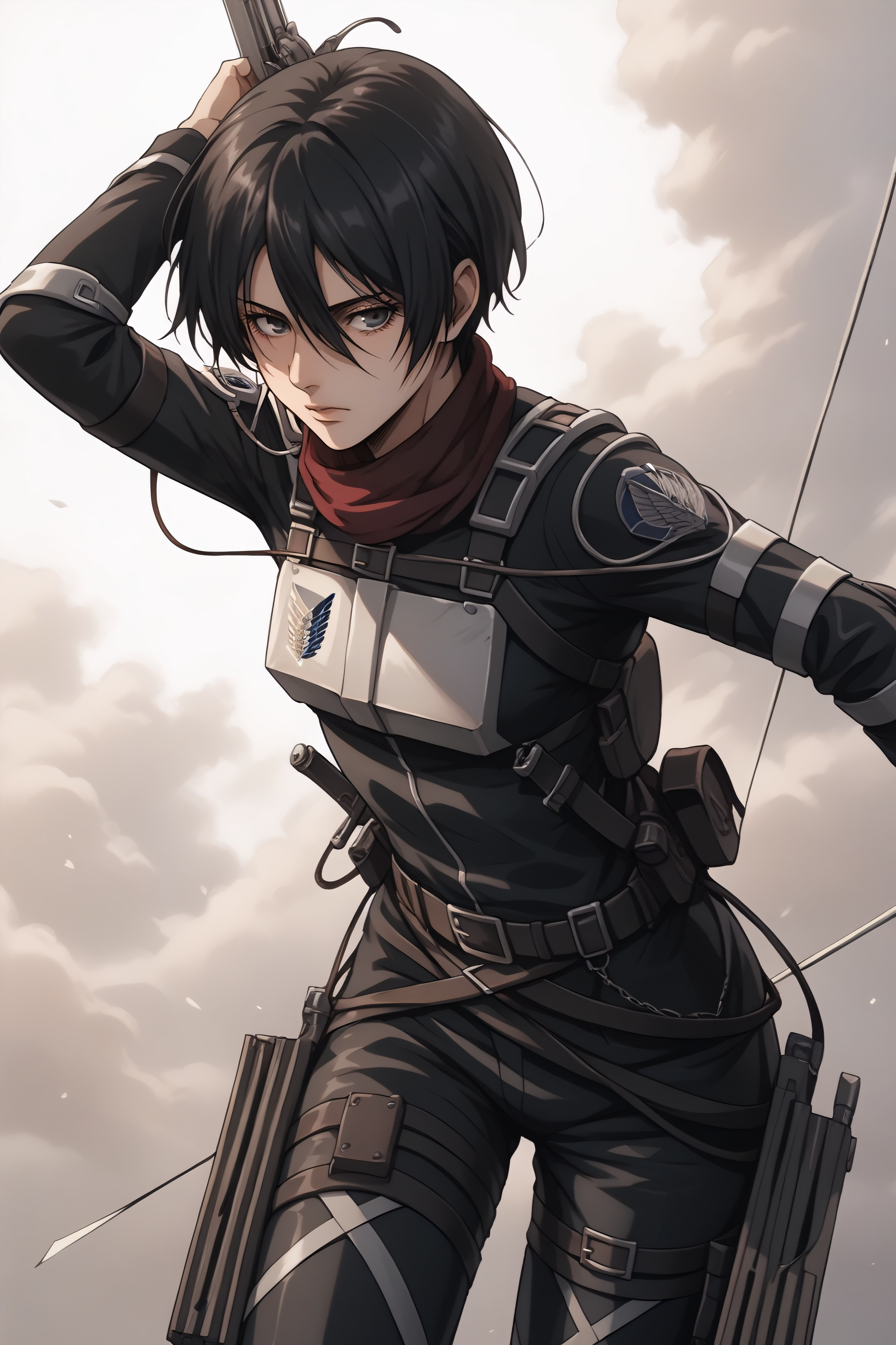 score_9, score_8_up, score_7_up, score_6_up, BREAK source_anime, <lora:adult mikasa ackerman-PonyXL-lora-faxtron:0.8> adult mikasa ackerman, black eyes, black hair, short hair, medium breasts, military uniform, armor, belt, thigh strap,