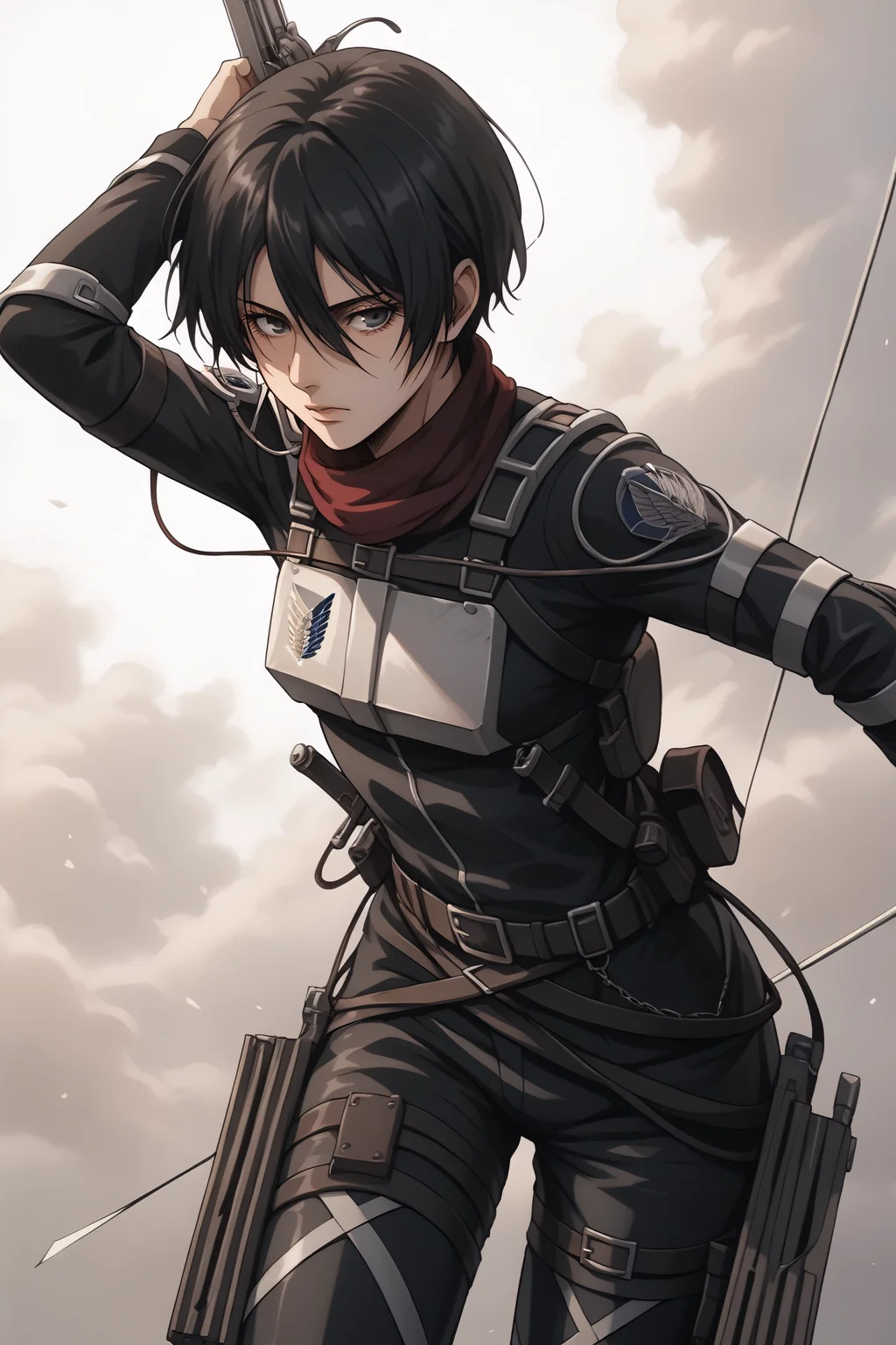 score_9, score_8_up, score_7_up, score_6_up, BREAK source_anime, <lora:adult mikasa ackerman-PonyXL-lora-faxtron:0.8> adult mikasa ackerman, black eyes, black hair, short hair, medium breasts, military uniform, armor, belt, thigh strap,
