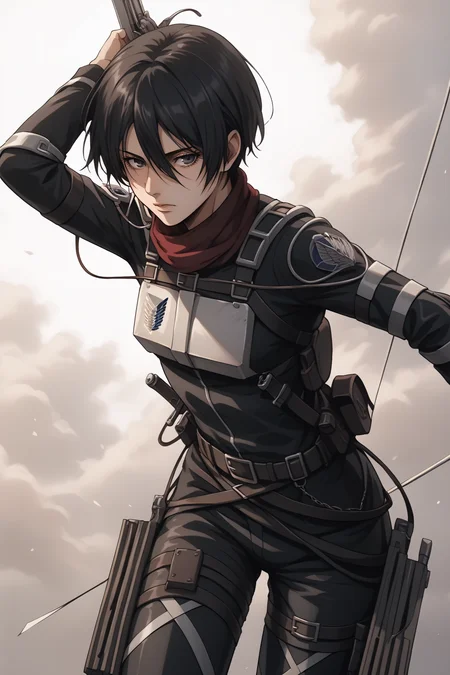 score_9, score_8_up, score_7_up, score_6_up, BREAK source_anime, <lora:adult mikasa ackerman-PonyXL-lora-faxtron:0.8> adult mikasa ackerman, black eyes, black hair, short hair, medium breasts, military uniform, armor, belt, thigh strap,