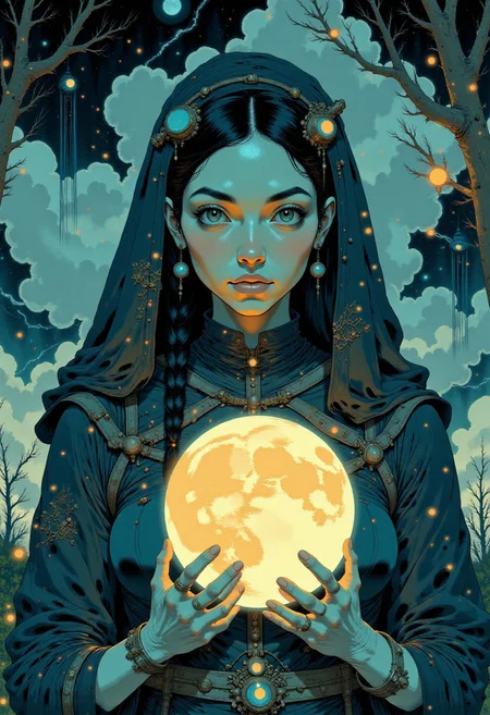 The Moonlit Oracle
"A mysterious Gothic seer draped in dark celestial robes embroidered with silver constellations gazes into a glowing crystal orb. Her pale face is framed by intricate braids, and her lips are painted a deep shade of indigo. The night sky behind her is filled with swirling galaxies, as whispers of fate and forgotten prophecies echo through the air."