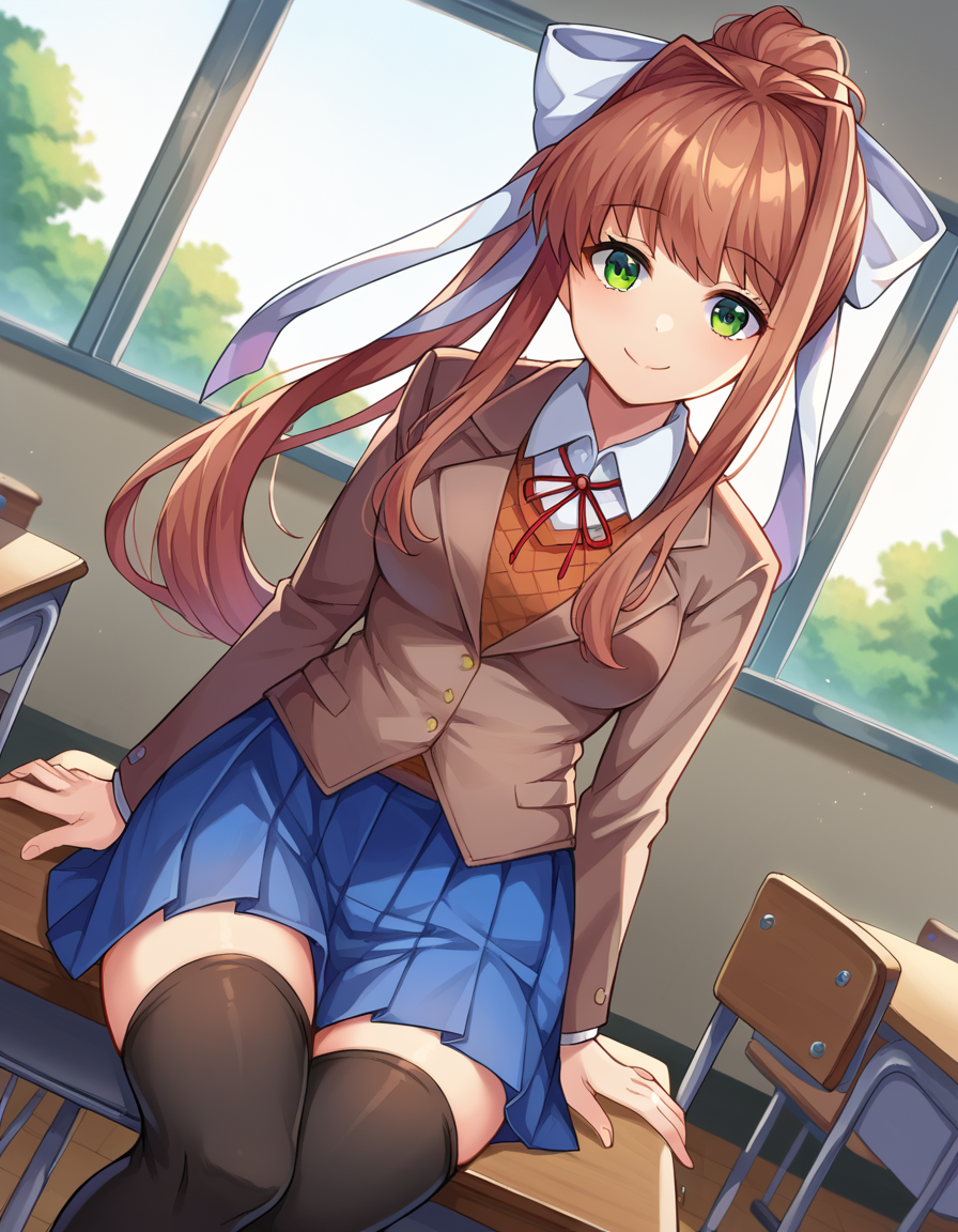score_9, score_8_up, score_7_up, source_anime,
ddlcmonika, <lora:ddlc-monika-ponyxl-lora-nochekaiser:1>
ddlcmonika, blunt bangs, brown hair, green eyes, long hair, ponytail, ribbon, white ribbon, hair ribbon, sidelocks, smile,
black thighhighs, blue skirt, brown jacket, jacket, long sleeves, mary janes, over-kneehighs, pleated skirt, school uniform, shoes, skirt, thighhighs, zettai ryouiki,
indoors, classroom, sitting, desk,
looking at viewer, dutch angle, cowboy shot,