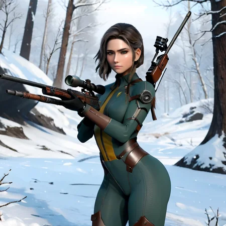 masterpiece,absurd resolution,8k,
fallout,sniper,1girl,solo,holding,weapon,outdoors,holding weapon,tree,gun,bodysuit,holding gun,rifle,snow,science fiction,head out of frame
, <lora:fallout_xl:1>