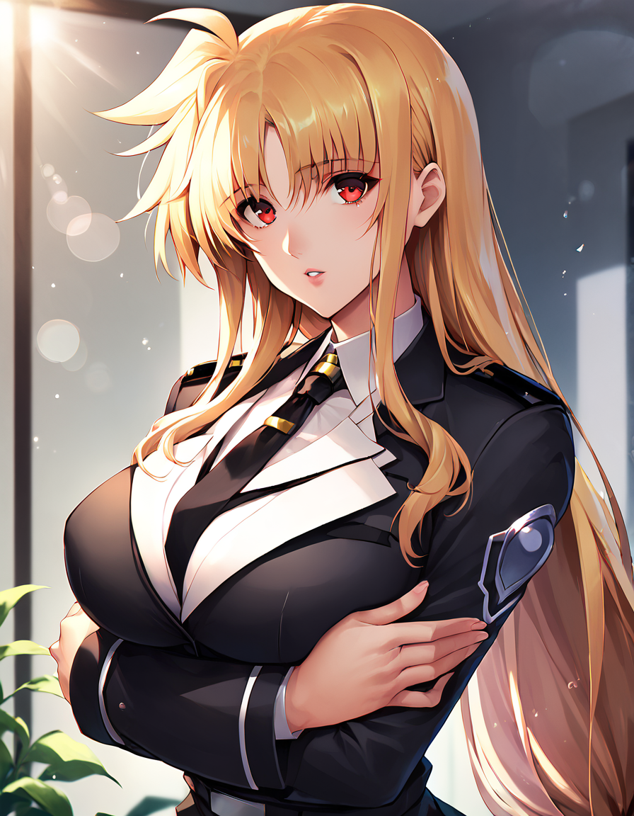 (((blackuniform:1.2))),score_9, score_8_up, score_7_up, source_anime, <lora:[reizei]fate testarossa pony:1>,fate testarossa, upper body, parted lips, simple background, indoors, office,looking at viewer, low-tied long hair, very long hair, red eyes, lens flare, light particles, large breasts,black necktie, hands on arms,