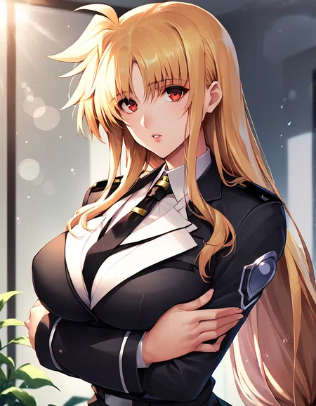 (((blackuniform:1.2))),score_9, score_8_up, score_7_up, source_anime, <lora:[reizei]fate testarossa pony:1>,fate testarossa, upper body, parted lips, simple background, indoors, office,looking at viewer, low-tied long hair, very long hair, red eyes, lens flare, light particles, large breasts,black necktie, hands on arms,