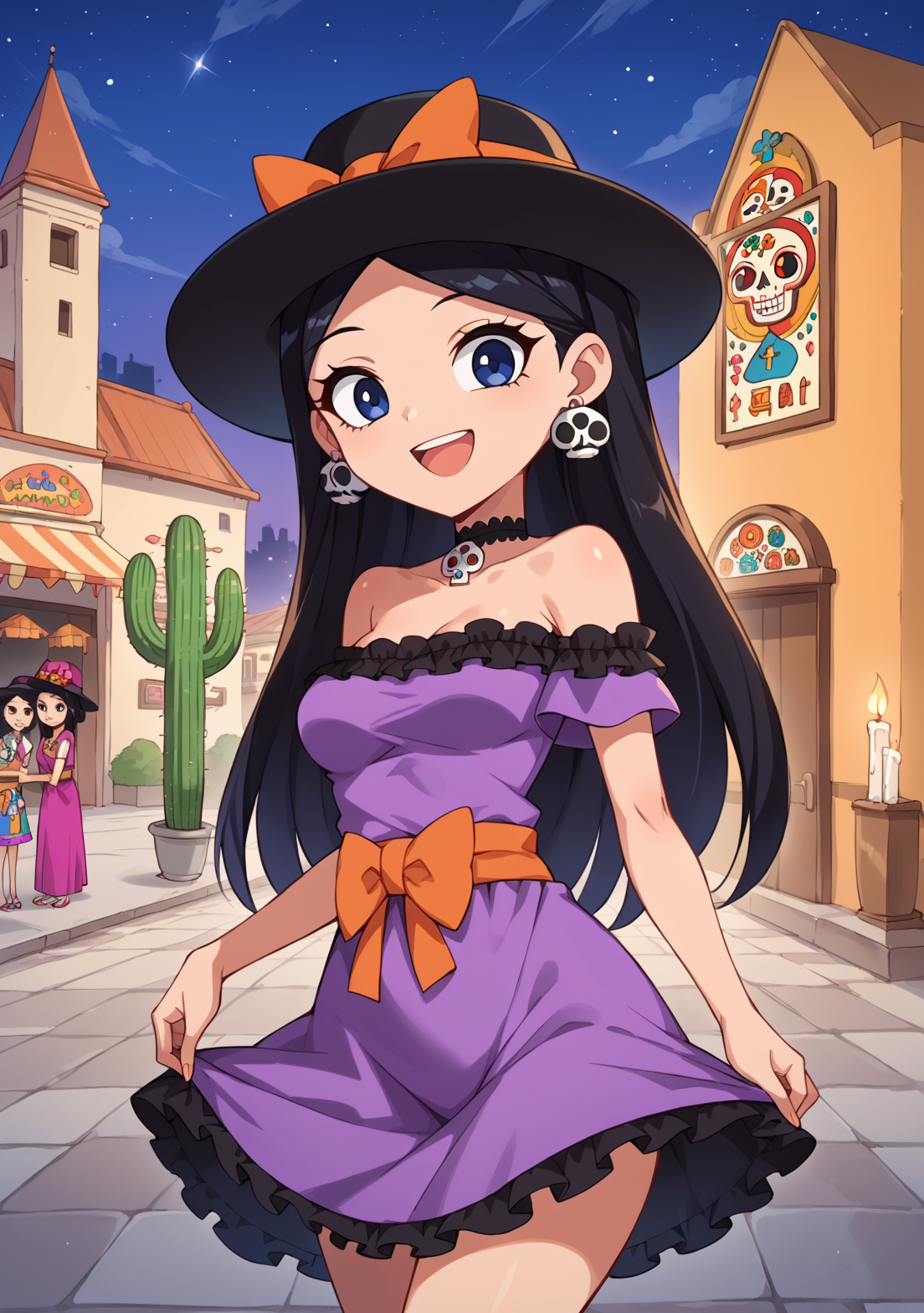 score_9, score_8_up, score_7_up, BREAK, masterpiece, highres, Isabellapony, 1girl, solo, black hair, long hair, hips,  medium breasts, smile, blue eyes, multicolored dress, purple dress, Mexican dress, Mexican clothes, bare shoulders, holding unworn dress, off-shoulder dress, off shoulder,  layered dress, frills, frilled dress, earrings, marigold, skirt hold, holding unworn clothes, choker, orange sash, candles, dia de los muertos, sugar skulls, church, Mexico, Mexican architecture, festival, black fedora, night, smile, open mouth, cactus, sidewalk, holding dress, looking at viewer <lora:isabella_garcia-shapiro:0.75>