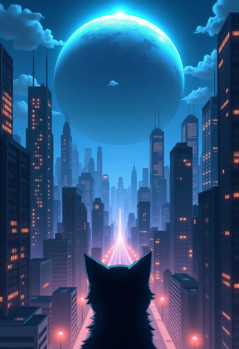 High quality, high resolution, high definition,
A magical city with faint neon lights on the skyscrapers, a planet emitting blue light, with the view from behind a cat looking down at the city, anime style