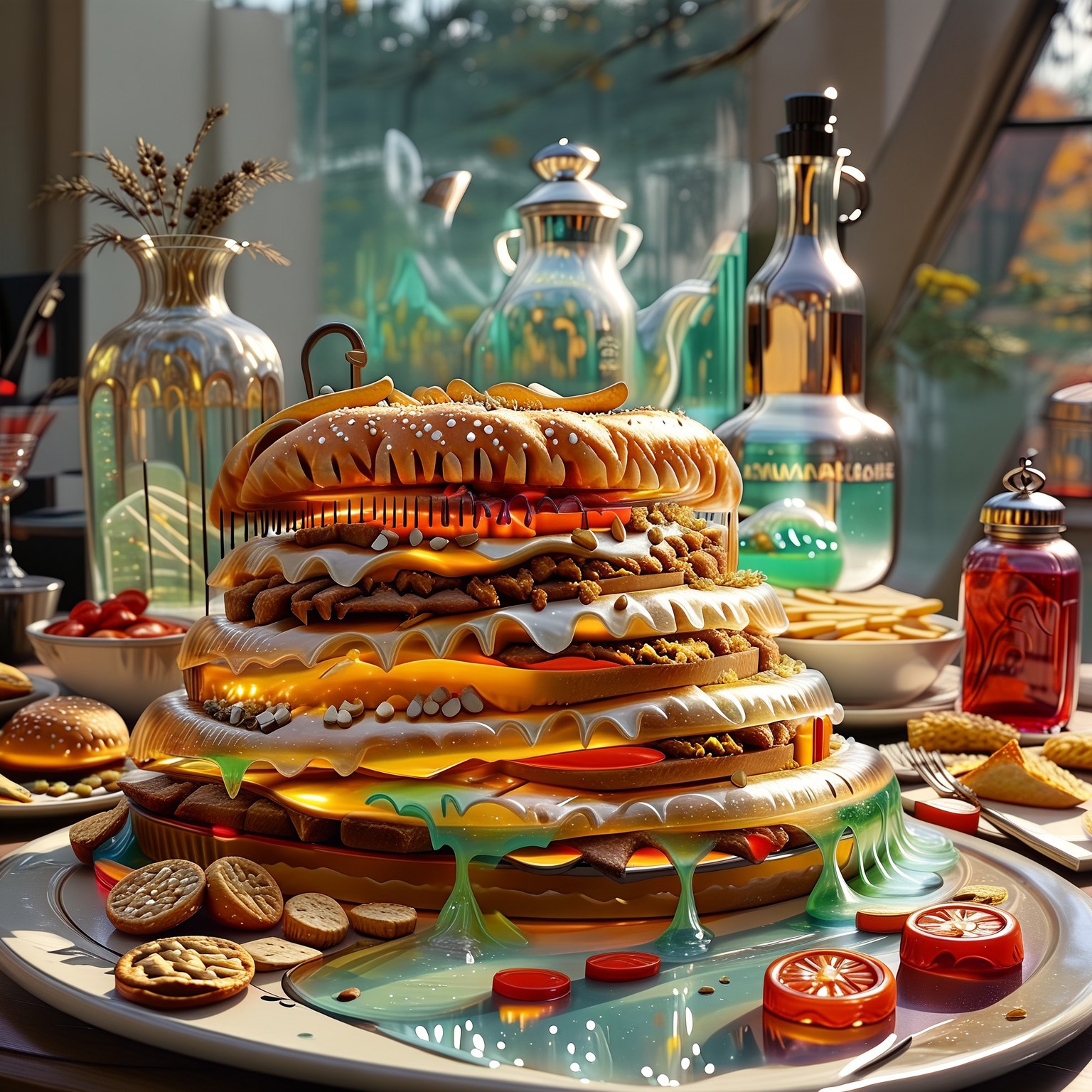 foodphoto, a cheeseburger and fries made out of slime, cheeseburger and fries on a plate, french fries, french fries made of slime, food made of slime, food still life, plate made of slime, table made of slime,
natural light, no bright spots, 
((translucent slime)), ((transparent slime)), made of water, (bioluminescent slime), sl1m3, slime, slime-morph, ais-blmn, saturated colors, no creatures, no humans, no monsters, no pokemon, scenery only, scenery, ral-lava, watce