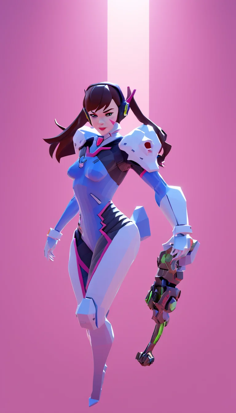 low-poly style Cinematic scene, hero view, D.Va, Overwatch <lora:d.va_xl_v1:1>, action pose, detailed background, masterpiece, best quality, high quality, highres, absurdres, Guild Wars 2 . low-poly game art, polygon mesh, jagged, blocky, wireframe edges, centered composition