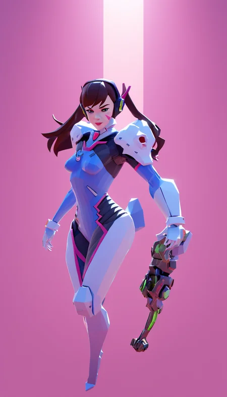 low-poly style Cinematic scene, hero view, D.Va, Overwatch <lora:d.va_xl_v1:1>, action pose, detailed background, masterpiece, best quality, high quality, highres, absurdres, Guild Wars 2  . low-poly game art, polygon mesh, jagged, blocky, wireframe edges, centered composition