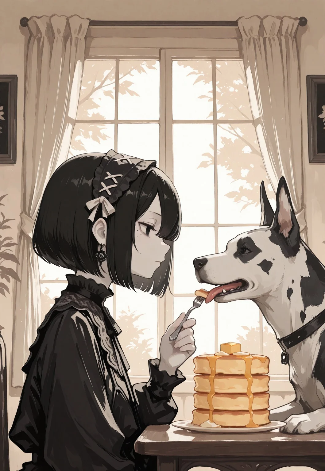 masterpiece, best quality, 1girl, solo, black hair, bob cut, hair band, hair between eyes, solid black eyes, detailed eyes, mole under eye, expressionless,(pale skin:0.7), goth fashion, food, food focus, pancake stacking, butter, table, holding, holding fork, feeding dog, window light, curtains, animal, dog, Great Dane, tongue out, soft light, warm light, painting \(medium\), scenery, from side, profile,limited palette,muted colors, flat colors,  fuyumur4s4ki_illu,